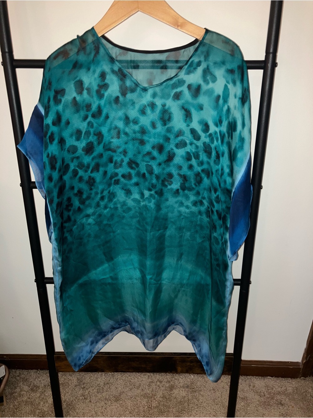 Salvatore Ferragamo Sheer Silk Teal Animal-Print V-Neck Women's Swim Cover Up